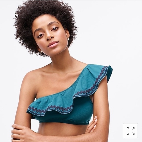 J. Crew One Shoulder Bikini Top Rickrack J1805 Green XS Swimsuit - Picture 1 of 5